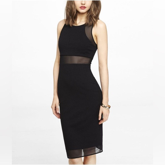 Express | Dresses | New Express Mesh Inset Panels Black Stretch Midi ...